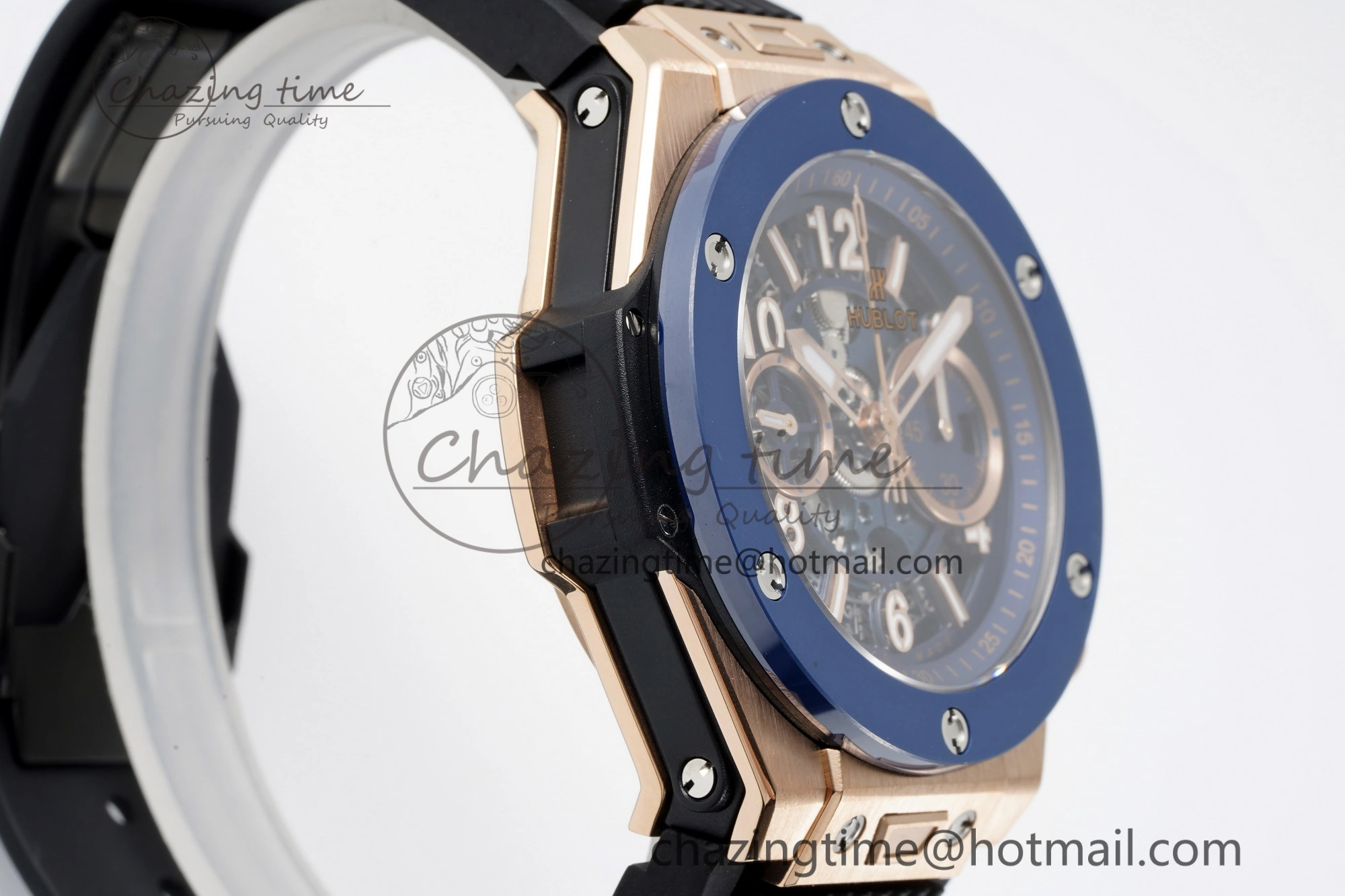 Big Bang Unico RG 45mm BBF 1:1 Best Edition Blue Ceramic Bezel Skeleton Dial on Black Rubber Strap A1280