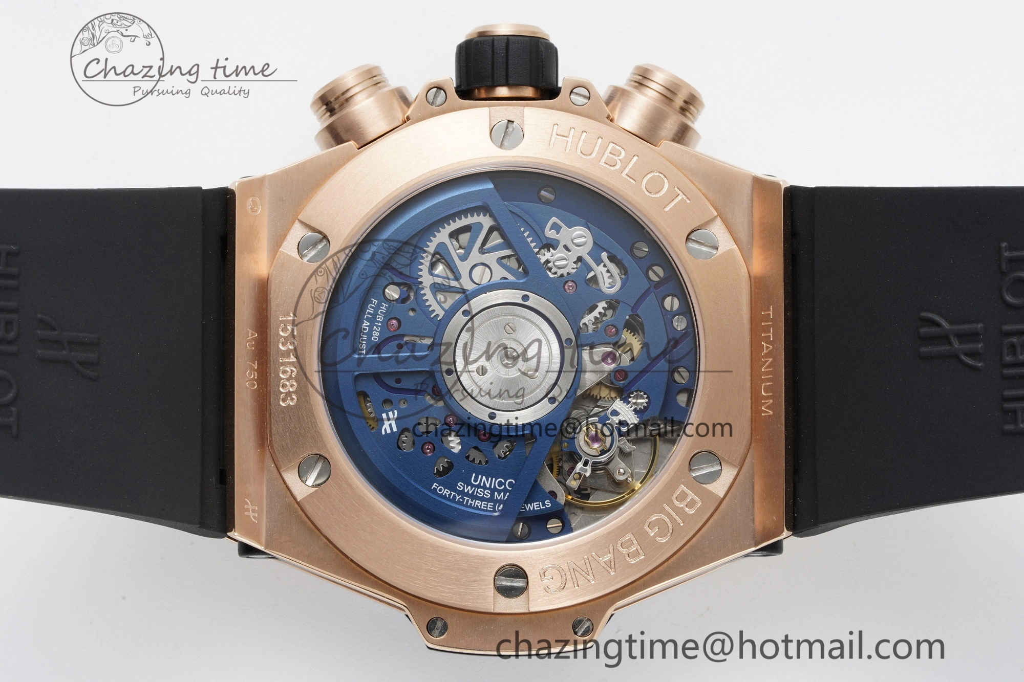 Big Bang Unico RG 45mm BBF 1:1 Best Edition Blue Ceramic Bezel Skeleton Dial on Black Rubber Strap A1280