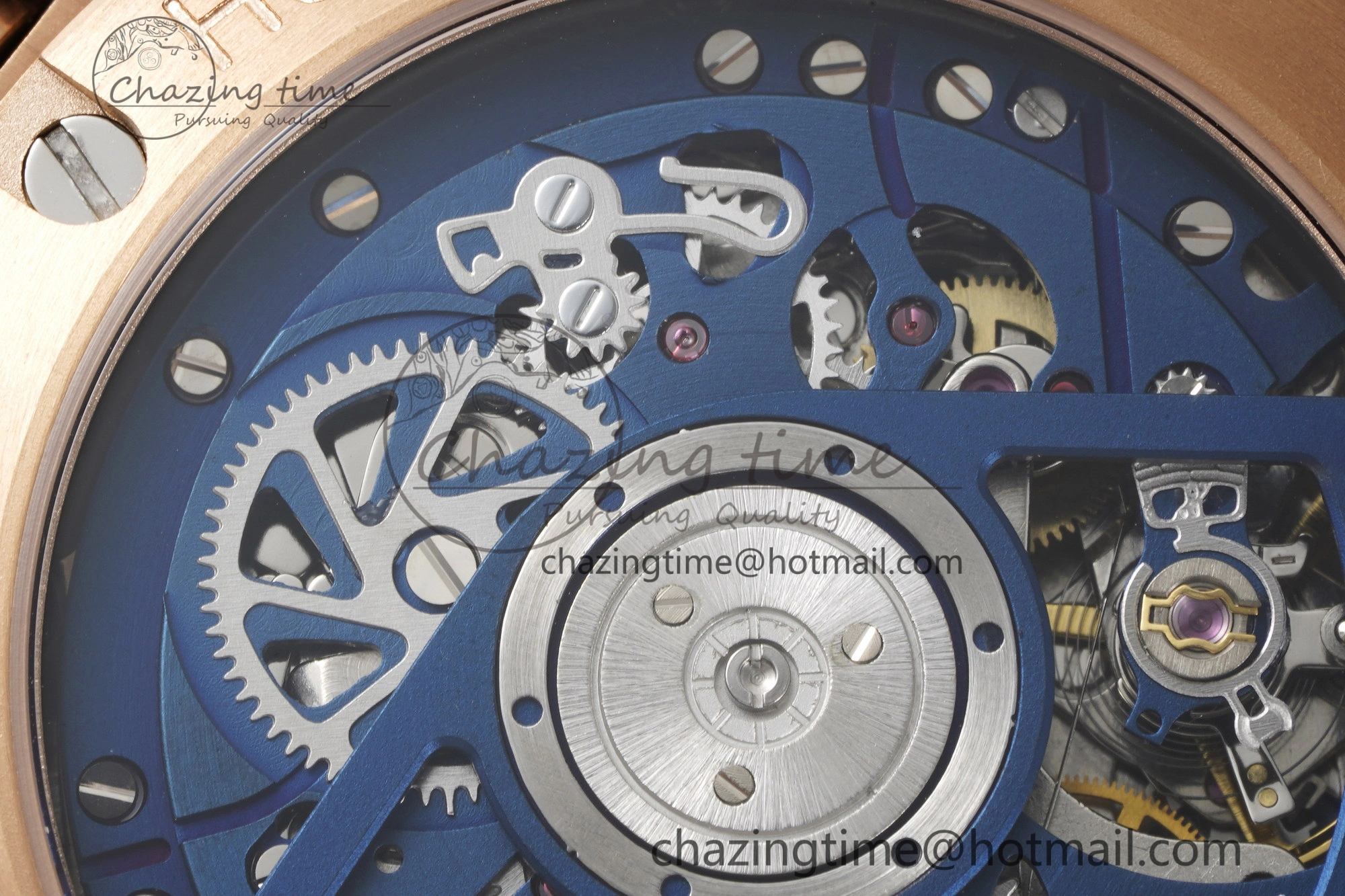 Big Bang Unico RG 45mm BBF 1:1 Best Edition Blue Ceramic Bezel Skeleton Dial on Black Rubber Strap A1280