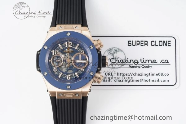 Big Bang Unico RG 45mm BBF 1:1 Best Edition Blue Ceramic Bezel Skeleton Dial on Black Rubber Strap A1280