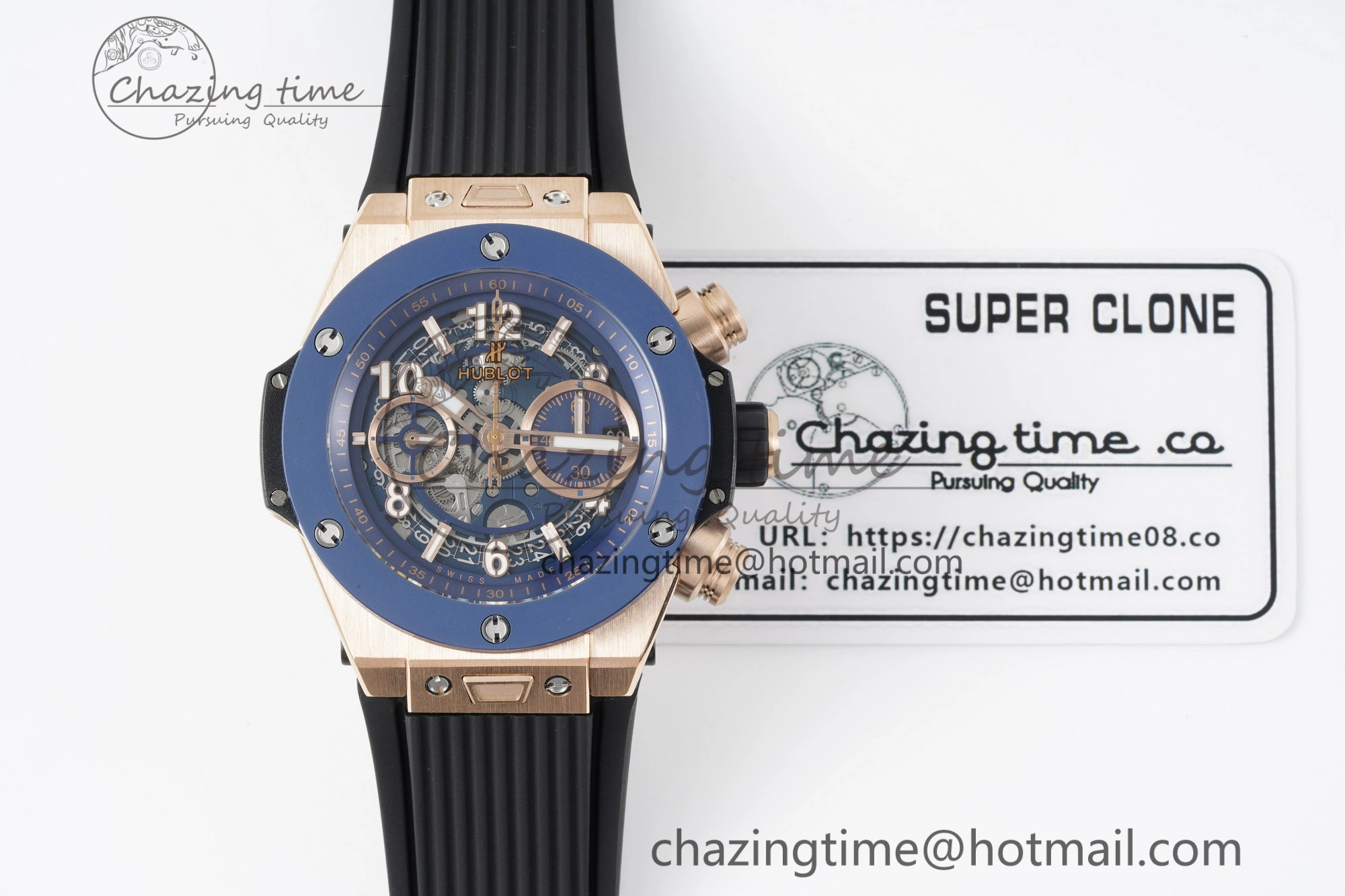 Big Bang Unico RG 45mm BBF 1:1 Best Edition Blue Ceramic Bezel Skeleton Dial on Black Rubber Strap A1280