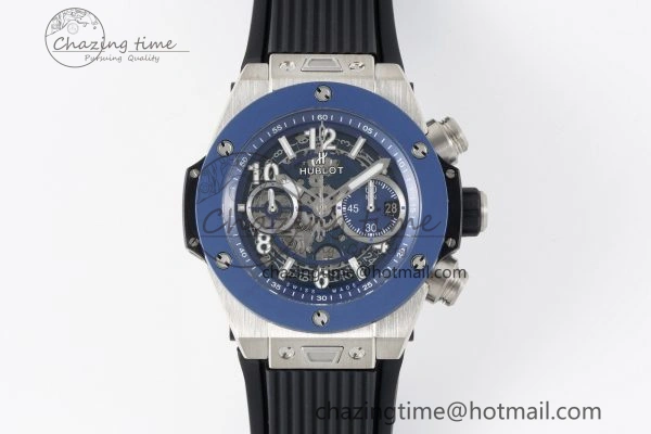 Big Bang Unico SS 45mm BBF 1:1 Best Edition Blue Ceramic Bezel Skeleton Dial on Black Rubber Strap A1280