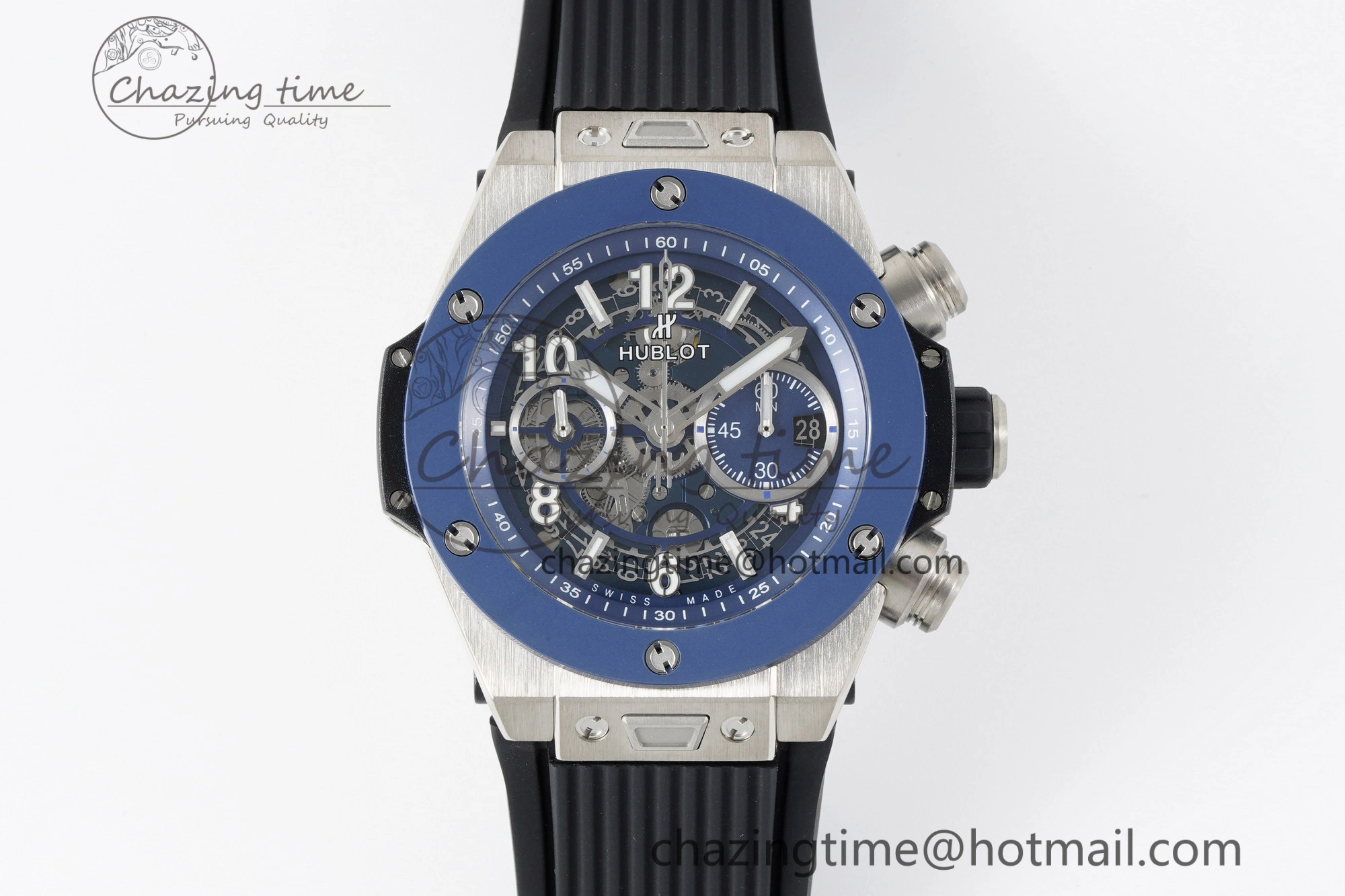 Big Bang Unico SS 45mm BBF 1:1 Best Edition Blue Ceramic Bezel Skeleton Dial on Black Rubber Strap A1280