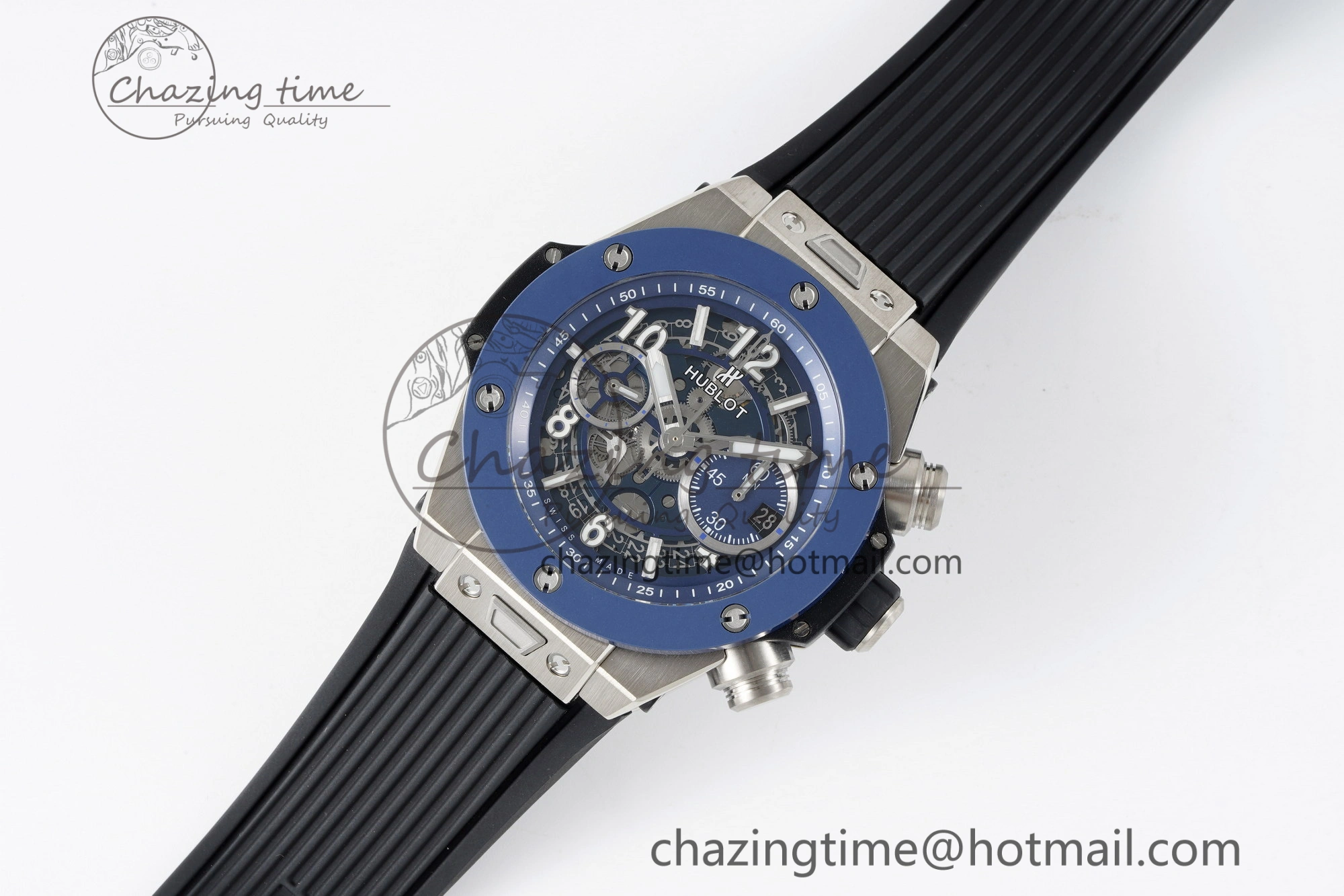 Big Bang Unico SS 45mm BBF 1:1 Best Edition Blue Ceramic Bezel Skeleton Dial on Black Rubber Strap A1280