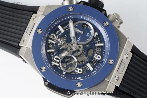 Big Bang Unico SS 45mm BBF 1:1 Best Edition Blue Ceramic Bezel Skeleton Dial on Black Rubber Strap A1280