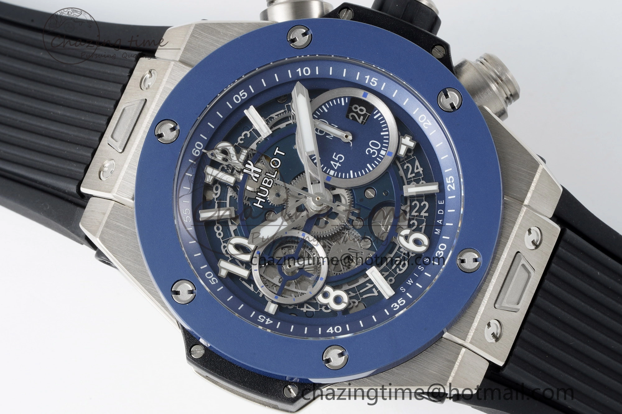 Big Bang Unico SS 45mm BBF 1:1 Best Edition Blue Ceramic Bezel Skeleton Dial on Black Rubber Strap A1280