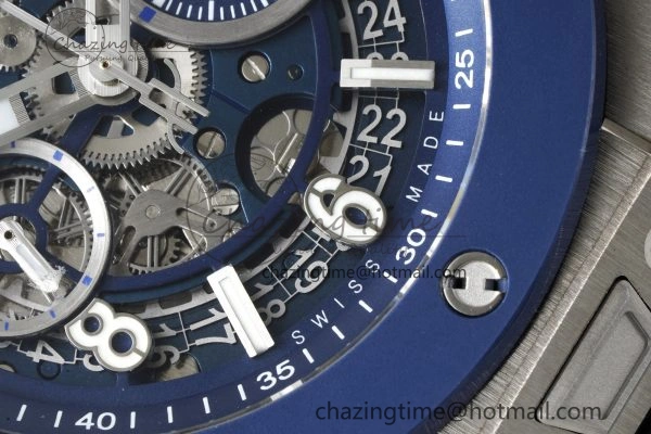 Big Bang Unico SS 45mm BBF 1:1 Best Edition Blue Ceramic Bezel Skeleton Dial on Black Rubber Strap A1280
