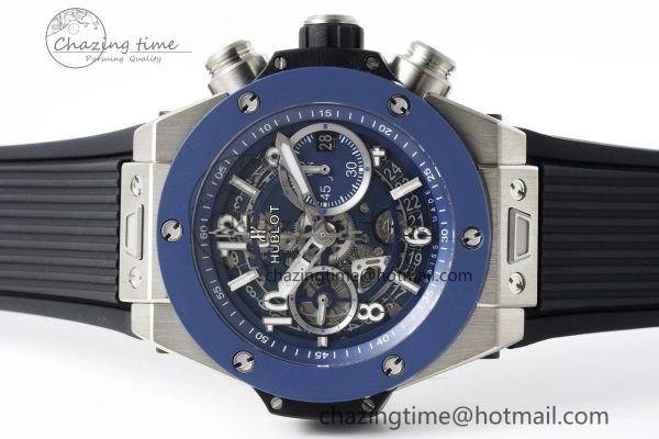 Big Bang Unico SS 45mm BBF 1:1 Best Edition Blue Ceramic Bezel Skeleton Dial on Black Rubber Strap A1280