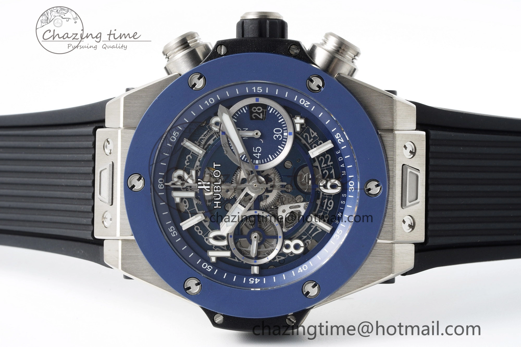 Big Bang Unico SS 45mm BBF 1:1 Best Edition Blue Ceramic Bezel Skeleton Dial on Black Rubber Strap A1280