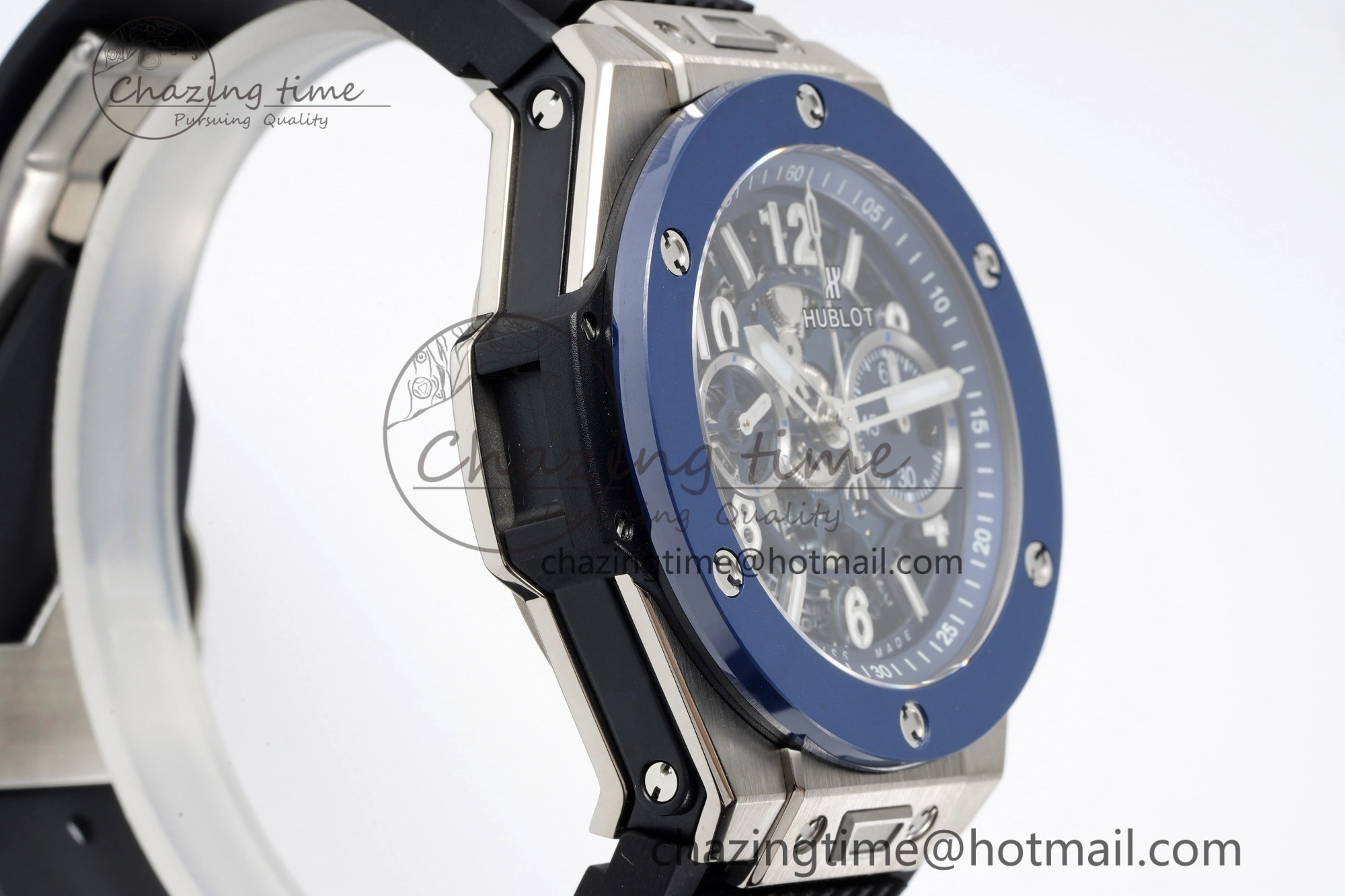 Big Bang Unico SS 45mm BBF 1:1 Best Edition Blue Ceramic Bezel Skeleton Dial on Black Rubber Strap A1280