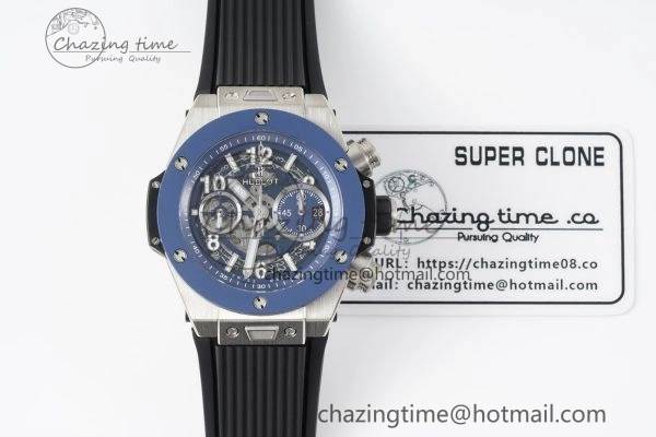 Big Bang Unico SS 45mm BBF 1:1 Best Edition Blue Ceramic Bezel Skeleton Dial on Black Rubber Strap A1280