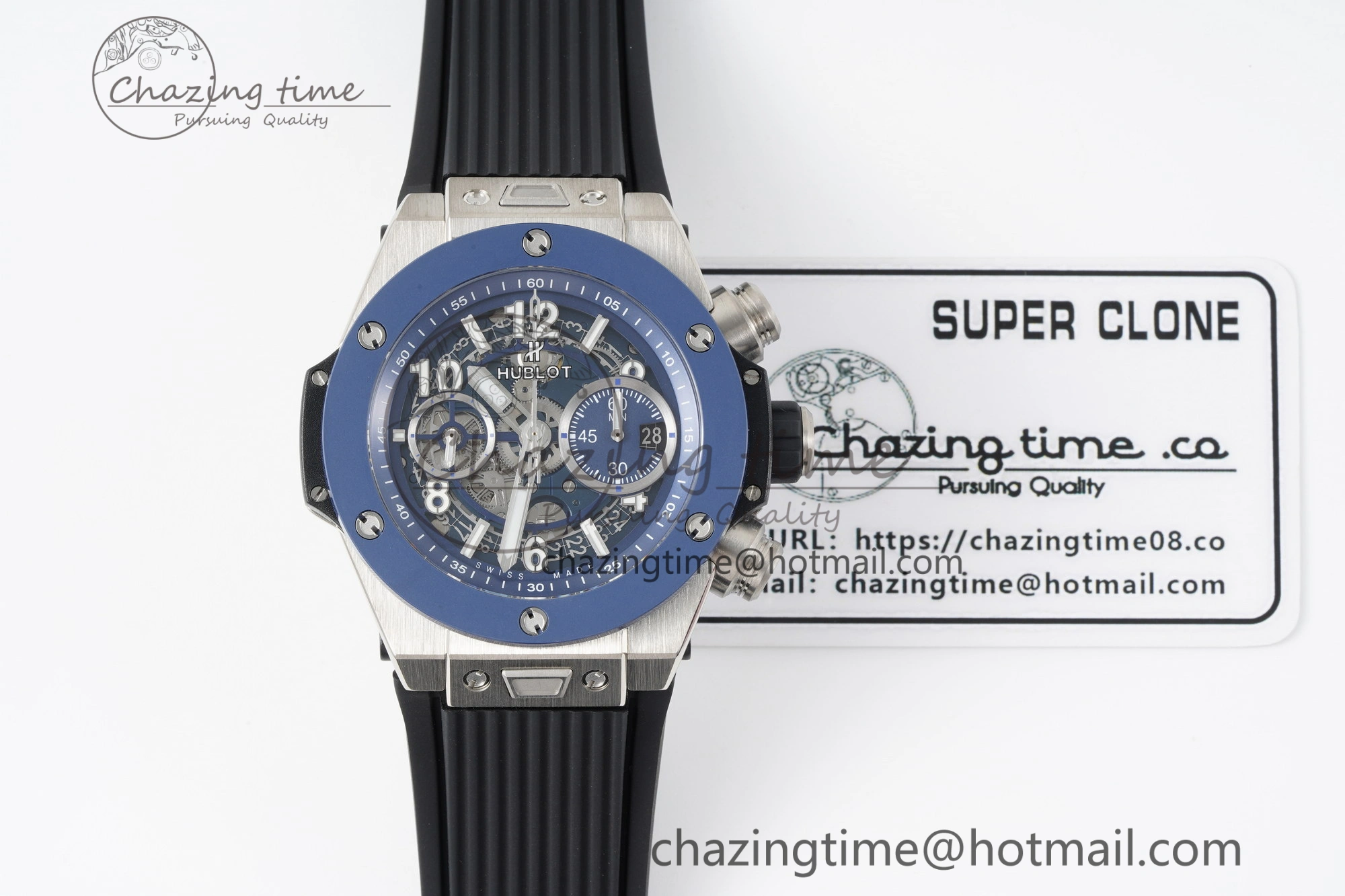 Big Bang Unico SS 45mm BBF 1:1 Best Edition Blue Ceramic Bezel Skeleton Dial on Black Rubber Strap A1280