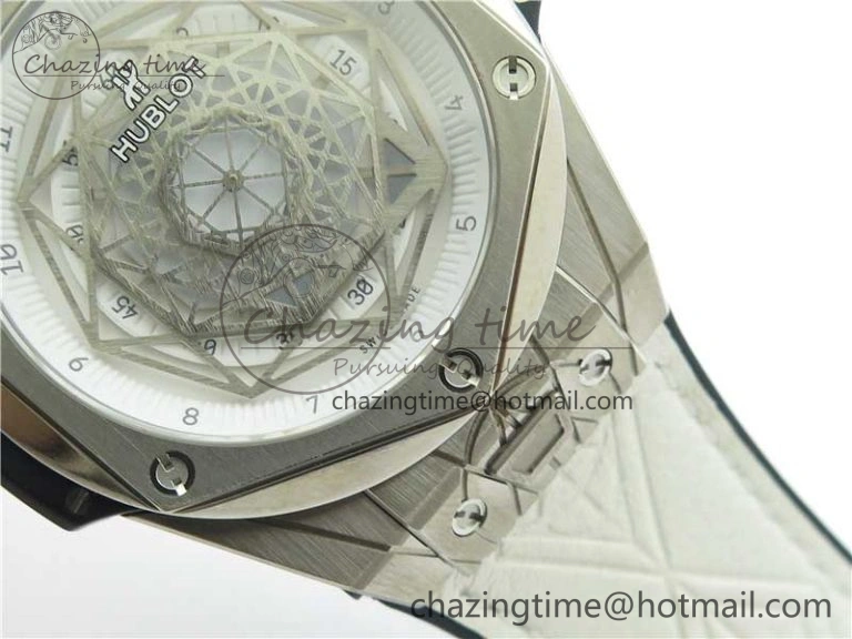 Big Bang Unico Sang Bleu Titanium HBF Skeleton Dial on White Gummy Strap HUB1213