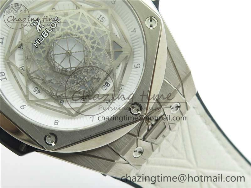 Big Bang Unico Sang Bleu Titanium HBF Skeleton Dial on White Gummy Strap HUB1213