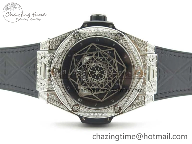 Big Bang Unico Sang Bleu Titanium Diamonds HBF Skeleton Dial on Black Gummy Strap HUB1213