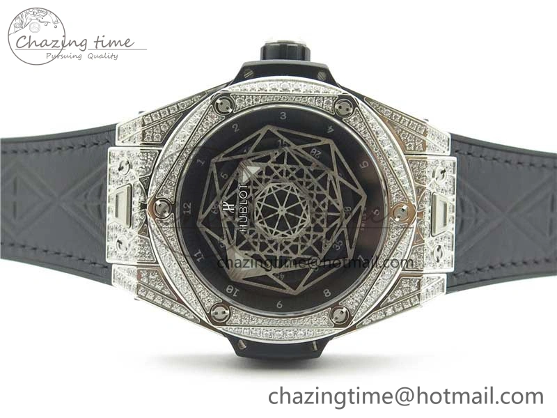 Big Bang Unico Sang Bleu Titanium Diamonds HBF Skeleton Dial on Black Gummy Strap HUB1213