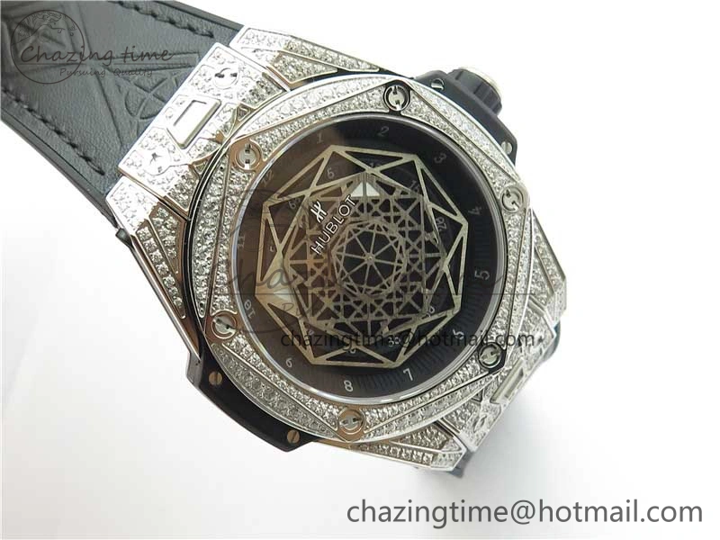Big Bang Unico Sang Bleu Titanium Diamonds HBF Skeleton Dial on Black Gummy Strap HUB1213