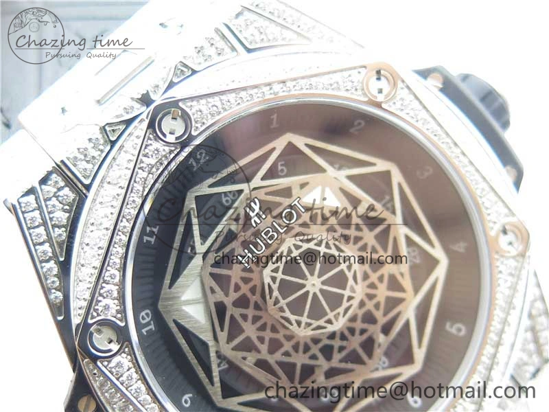 Big Bang Unico Sang Bleu Titanium Diamonds HBF Skeleton Dial on Black Gummy Strap HUB1213