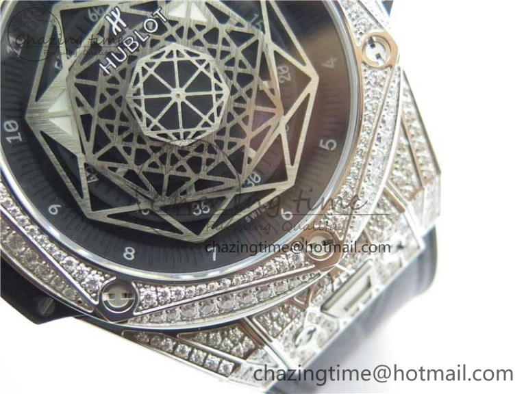 Big Bang Unico Sang Bleu Titanium Diamonds HBF Skeleton Dial on Black Gummy Strap HUB1213