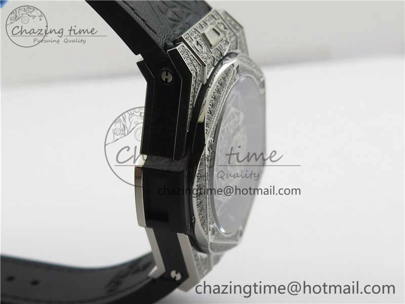 Big Bang Unico Sang Bleu Titanium Diamonds HBF Skeleton Dial on Black Gummy Strap HUB1213