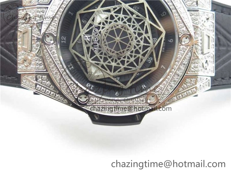 Big Bang Unico Sang Bleu Titanium Diamonds HBF Skeleton Dial on Black Gummy Strap HUB1213
