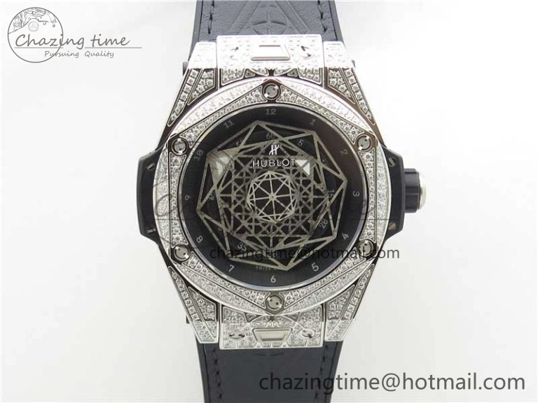 Big Bang Unico Sang Bleu Titanium Diamonds HBF Skeleton Dial on Black Gummy Strap HUB1213