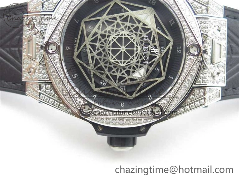 Big Bang Unico Sang Bleu Titanium Diamonds HBF Skeleton Dial on Black Gummy Strap HUB1213