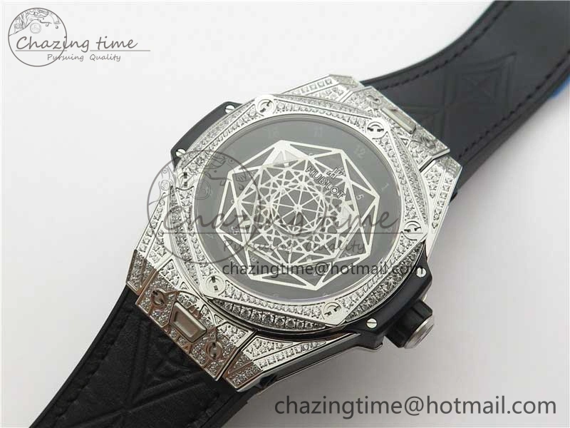 Big Bang Unico Sang Bleu Titanium Diamonds HBF Skeleton Dial on Black Gummy Strap HUB1213