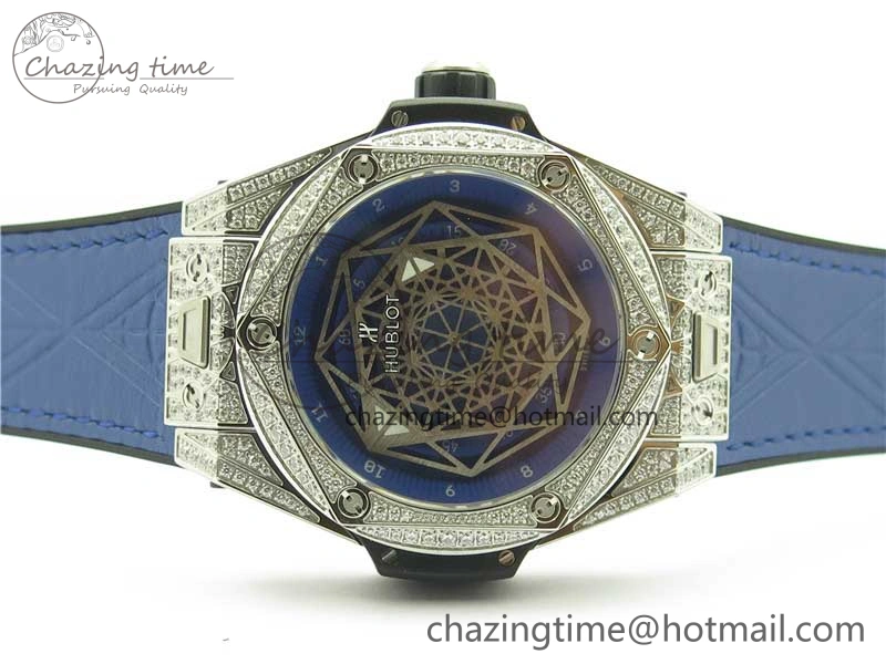 Big Bang Unico Sang Bleu Titanium Diamonds HBF Skeleton Dial on Blue Gummy Strap HUB1213