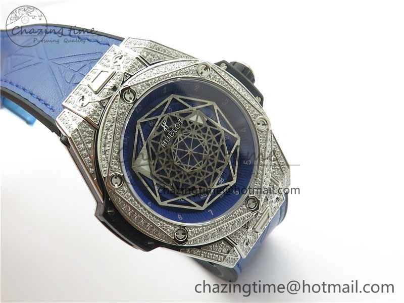 Big Bang Unico Sang Bleu Titanium Diamonds HBF Skeleton Dial on Blue Gummy Strap HUB1213