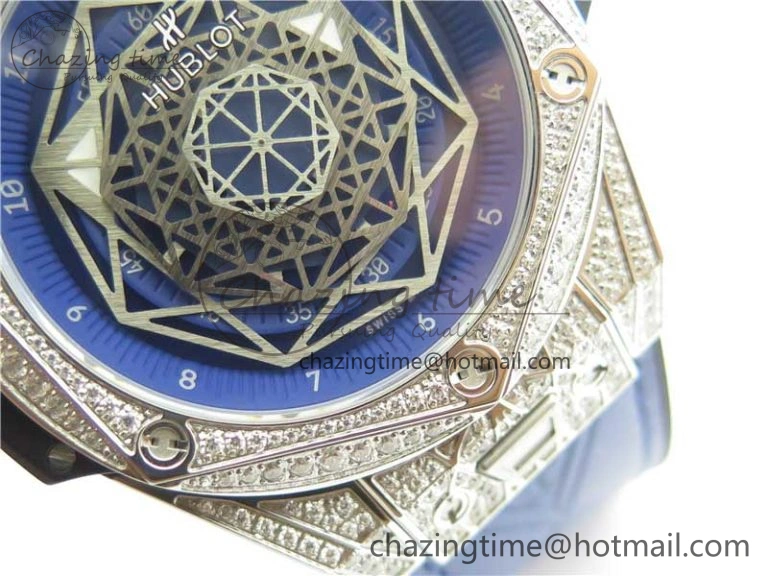 Big Bang Unico Sang Bleu Titanium Diamonds HBF Skeleton Dial on Blue Gummy Strap HUB1213