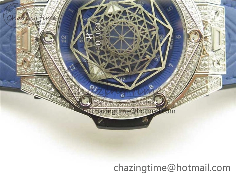 Big Bang Unico Sang Bleu Titanium Diamonds HBF Skeleton Dial on Blue Gummy Strap HUB1213