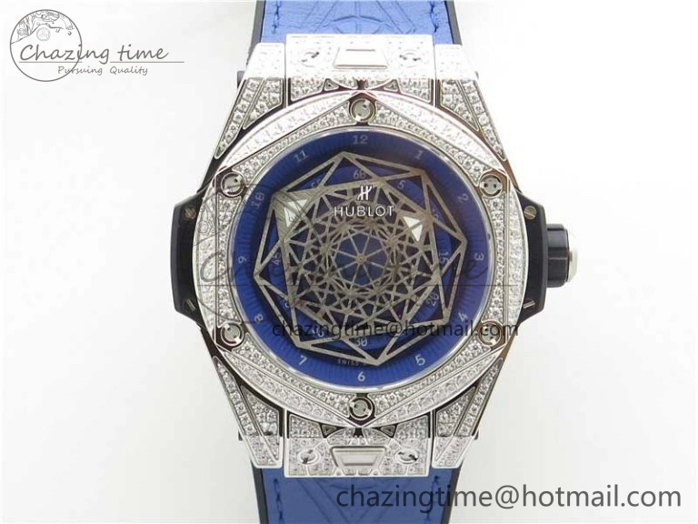Big Bang Unico Sang Bleu Titanium Diamonds HBF Skeleton Dial on Blue Gummy Strap HUB1213