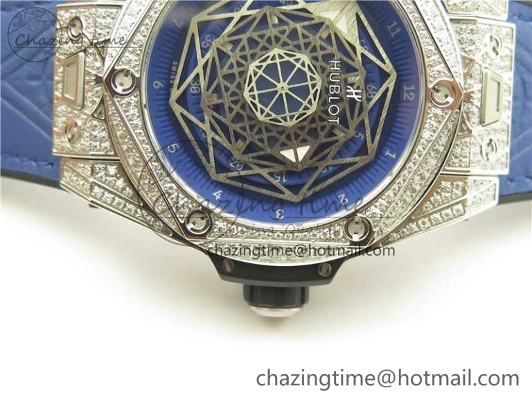 Big Bang Unico Sang Bleu Titanium Diamonds HBF Skeleton Dial on Blue Gummy Strap HUB1213