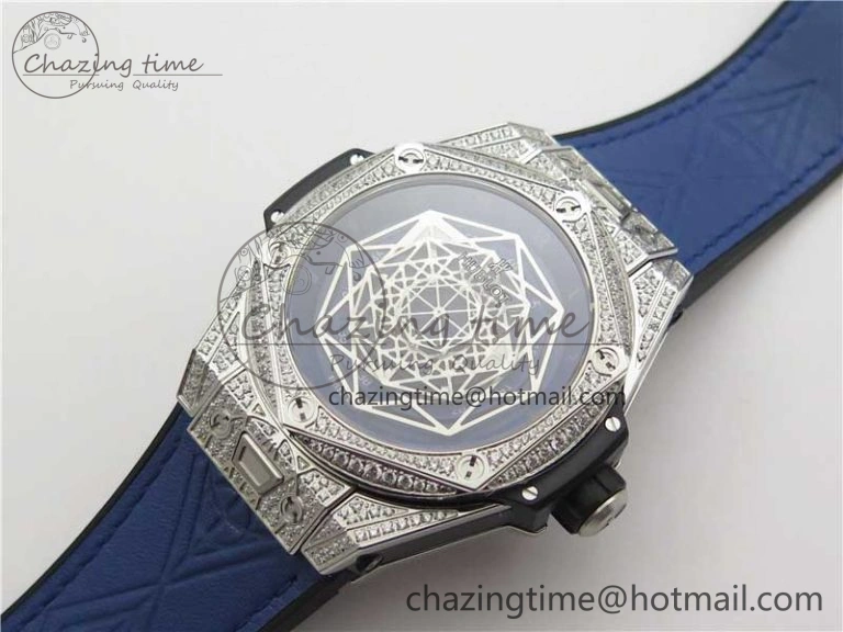 Big Bang Unico Sang Bleu Titanium Diamonds HBF Skeleton Dial on Blue Gummy Strap HUB1213