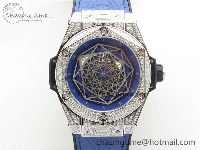 Big Bang Unico Sang Bleu Titanium Diamonds HBF Skeleton Dial on Blue Gummy Strap HUB1213