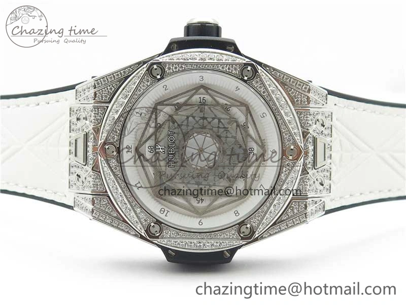 Big Bang Unico Sang Bleu Titanium Diamonds HBF Skeleton Dial on White Gummy Strap HUB1213