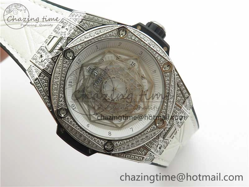 Big Bang Unico Sang Bleu Titanium Diamonds HBF Skeleton Dial on White Gummy Strap HUB1213