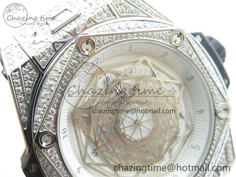 Big Bang Unico Sang Bleu Titanium Diamonds HBF Skeleton Dial on White Gummy Strap HUB1213