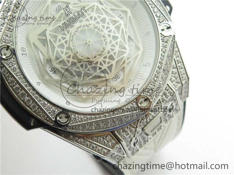 Big Bang Unico Sang Bleu Titanium Diamonds HBF Skeleton Dial on White Gummy Strap HUB1213