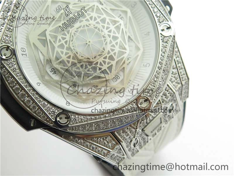 Big Bang Unico Sang Bleu Titanium Diamonds HBF Skeleton Dial on White Gummy Strap HUB1213