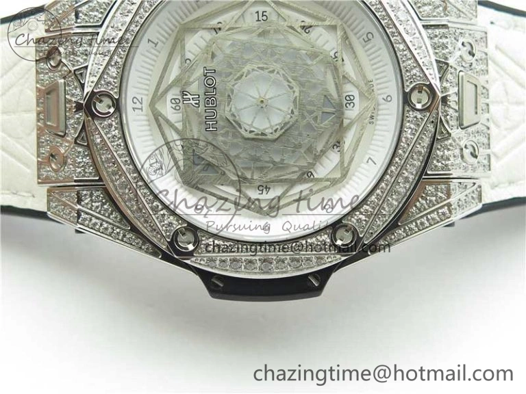 Big Bang Unico Sang Bleu Titanium Diamonds HBF Skeleton Dial on White Gummy Strap HUB1213