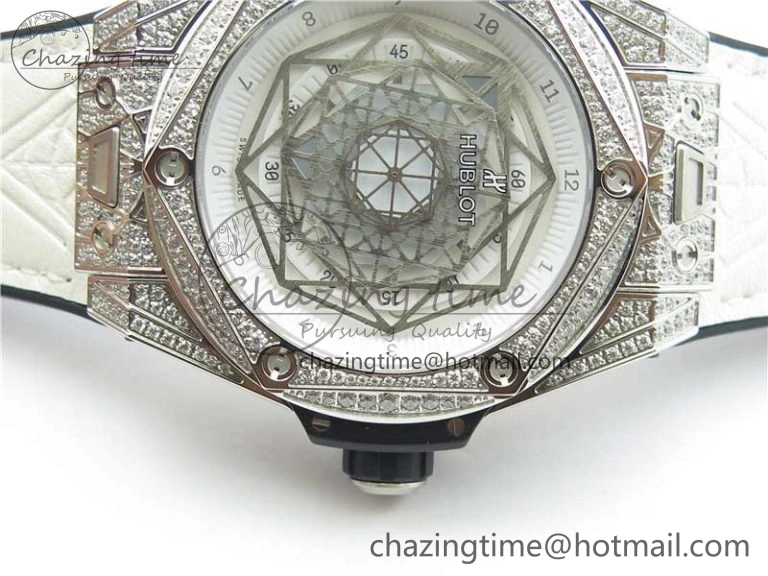 Big Bang Unico Sang Bleu Titanium Diamonds HBF Skeleton Dial on White Gummy Strap HUB1213