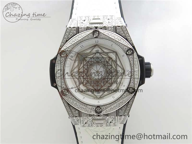 Big Bang Unico Sang Bleu Titanium Diamonds HBF Skeleton Dial on White Gummy Strap HUB1213