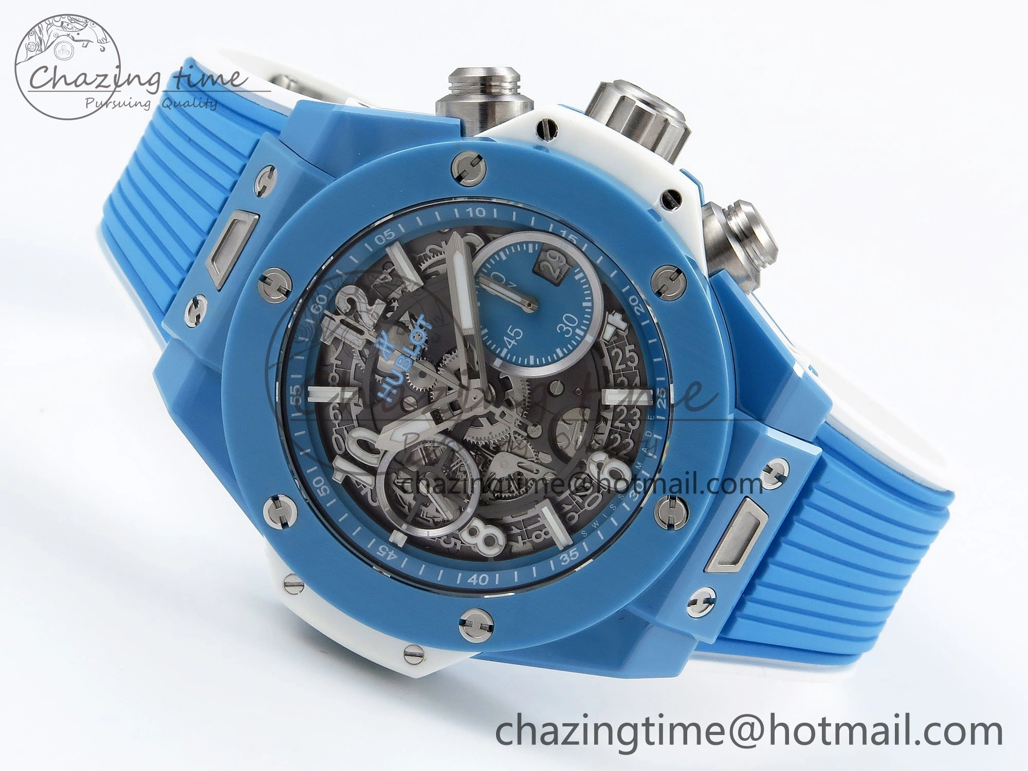 Big Bang Unico Sky Blue Ceramic BBF 1:1 Best Edition Skeleton Dial on Blue White Rubber Strap A1280
