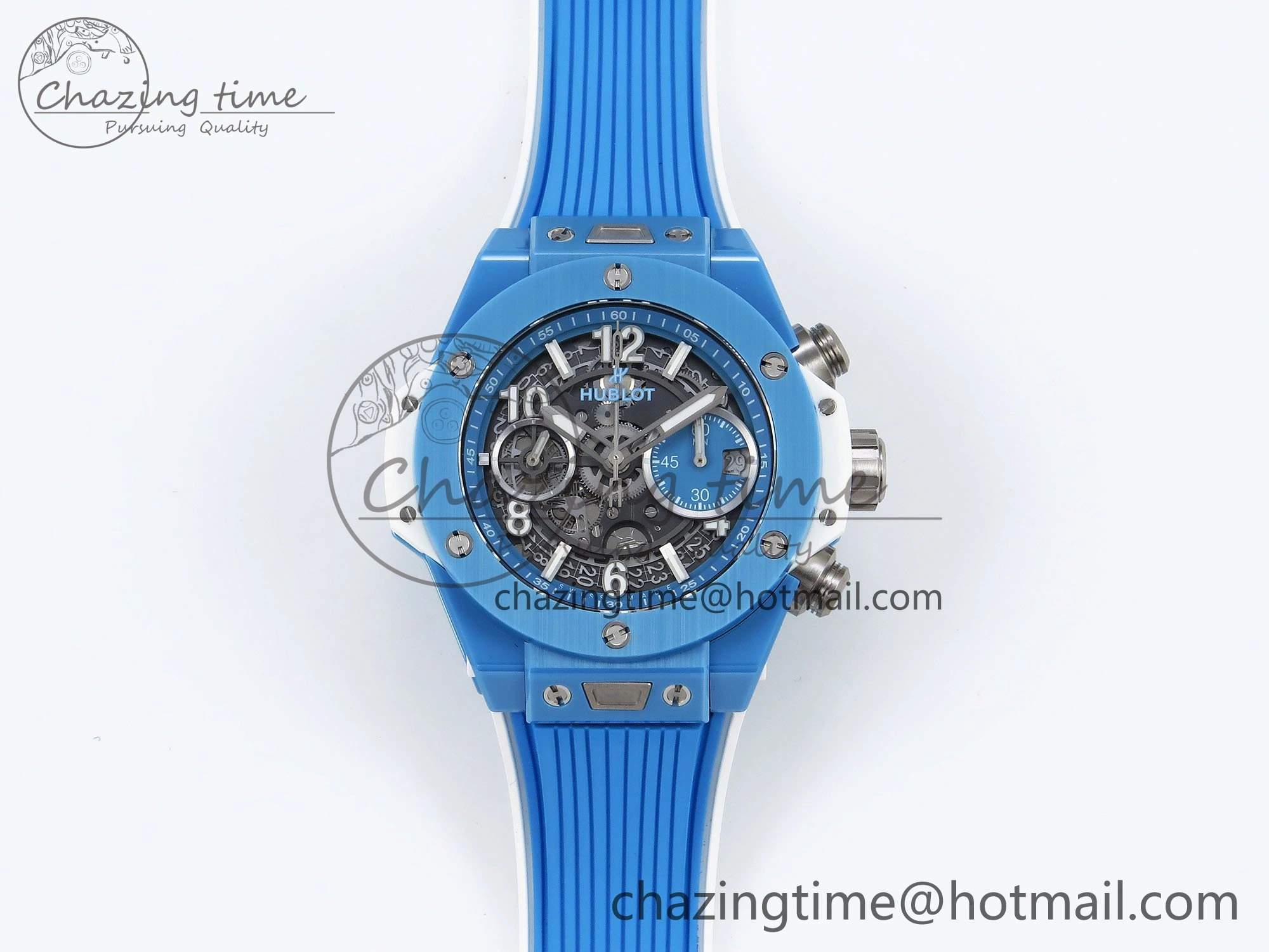 Big Bang Unico Sky Blue Ceramic BBF 1:1 Best Edition Skeleton Dial on Blue White Rubber Strap A1280