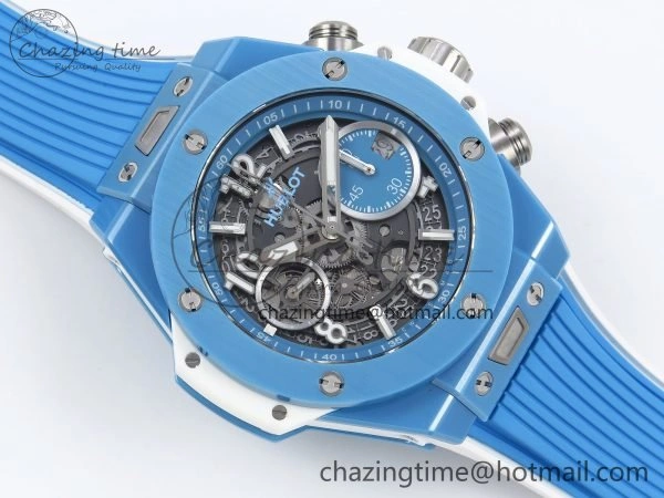 Big Bang Unico Sky Blue Ceramic BBF 1:1 Best Edition Skeleton Dial on Blue White Rubber Strap A1280