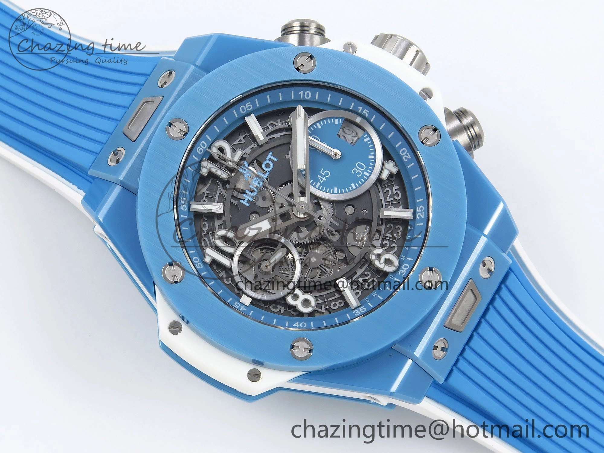Big Bang Unico Sky Blue Ceramic BBF 1:1 Best Edition Skeleton Dial on Blue White Rubber Strap A1280
