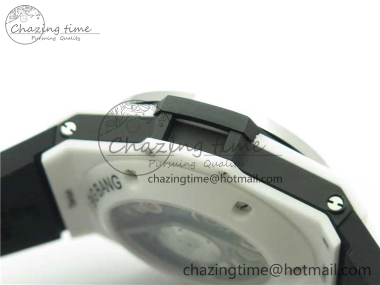 Big Bang Unico White Ceramic HBF 1:1 Best Edition Black Skeleton Dial Rainbow Bezel on Whtie Rubber Strap A1242