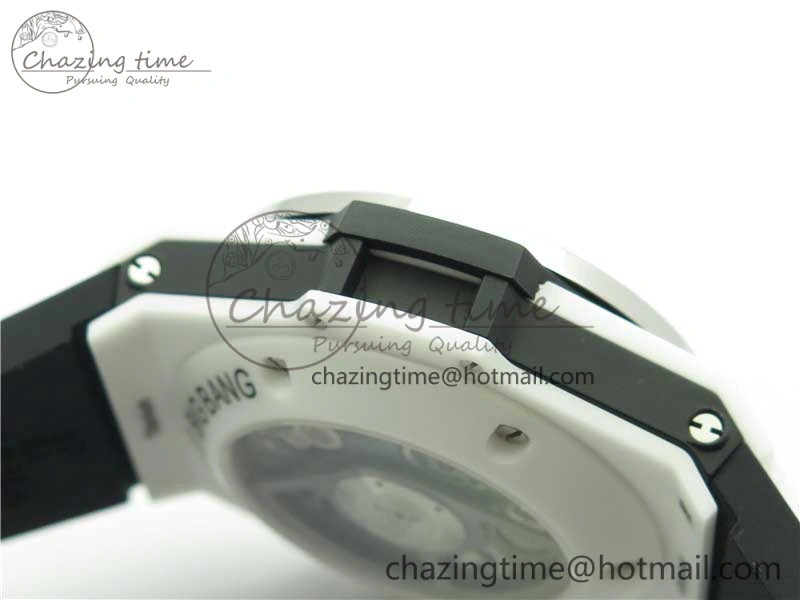Big Bang Unico White Ceramic HBF 1:1 Best Edition Black Skeleton Dial Rainbow Bezel on Whtie Rubber Strap A1242
